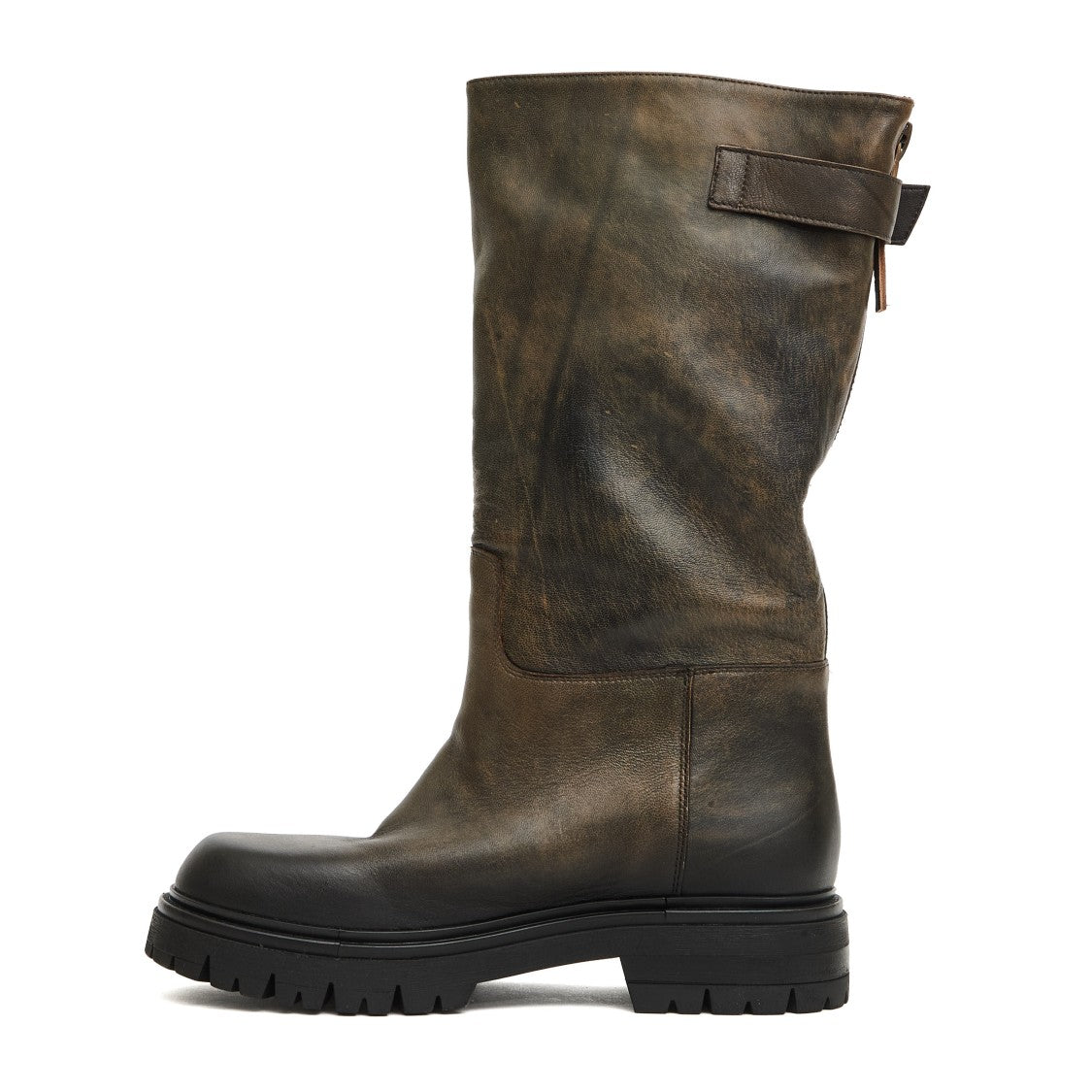 Elena Iachi Mid-Calf Aged Leather Boots With Chunky Lug Sole