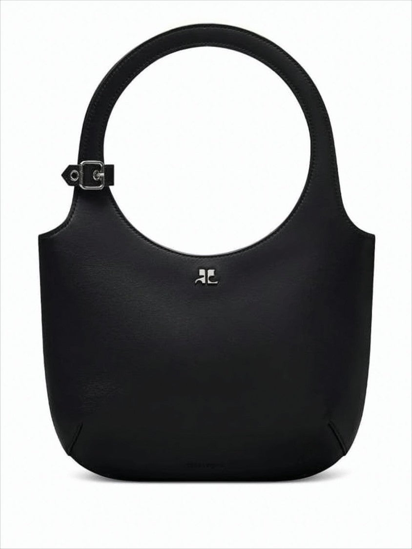 Courrèges Minimalist Black Calf Leather Tote With Adjustable Strap