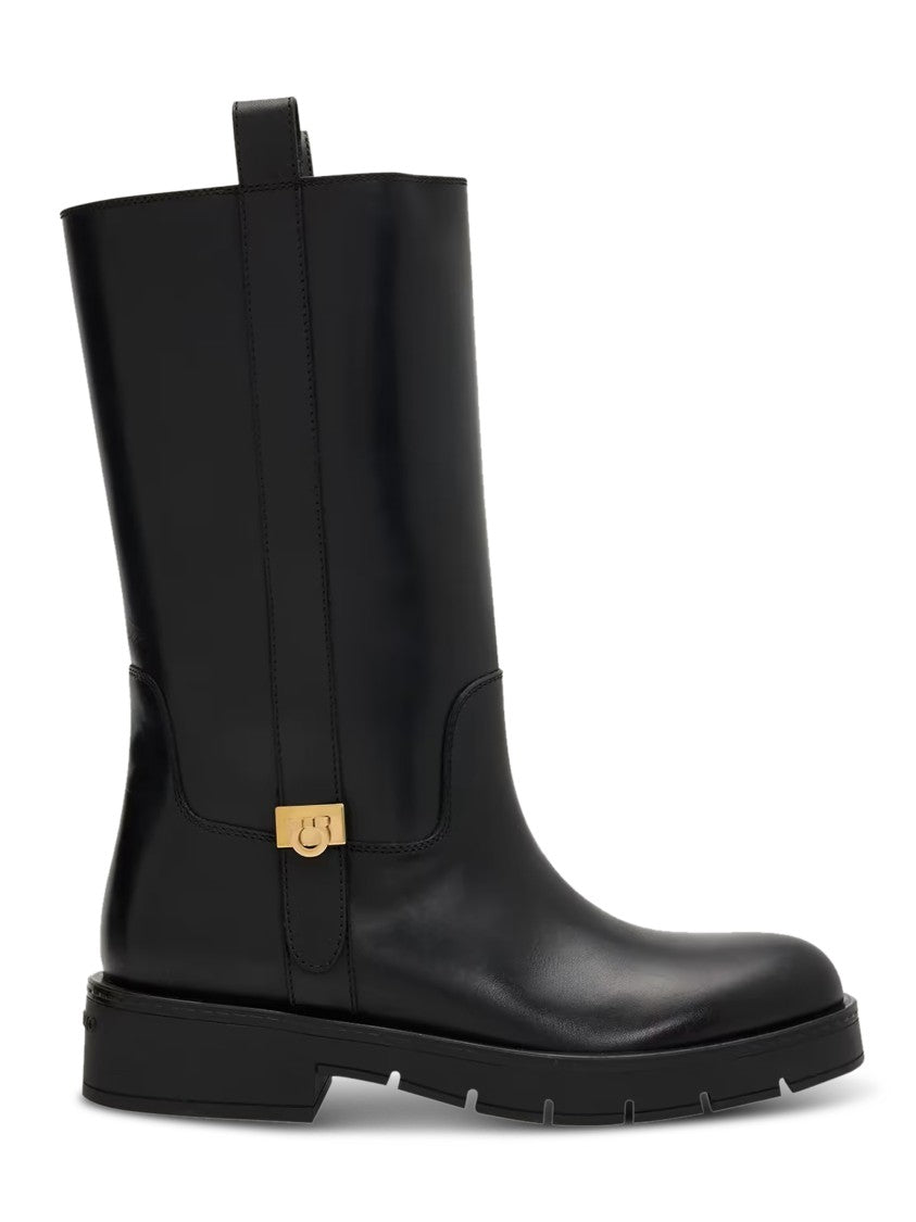 Ferragamo Nyves Mid-Calf Gold Detailing Leather Boots