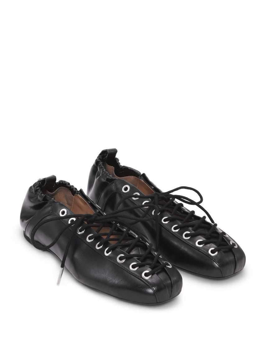 Ganni Eyelets Lace-Up Ballerina Flats With Crinkle Oleatex Finish