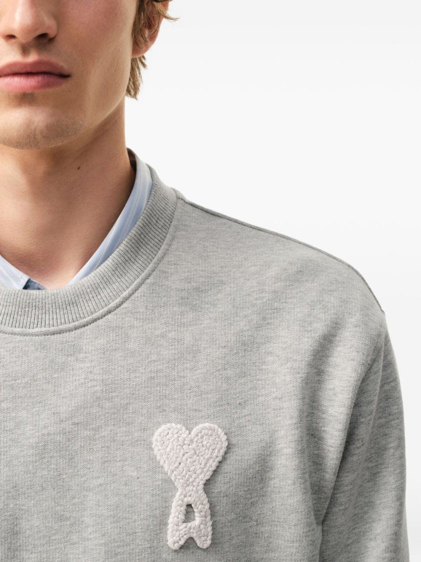 Ami Paris Grey Crochet Patch Tonal Embroidery Sweater