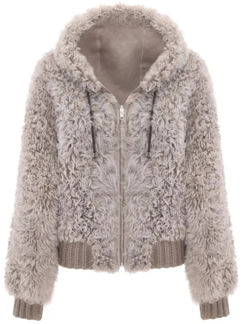 Bigardini Plush Shearling Jacket With Hood And Ribbed Hem