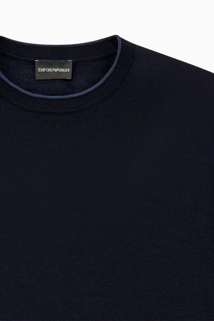 Emporio Armani Navy Tipped Crewneck Wool Sweater