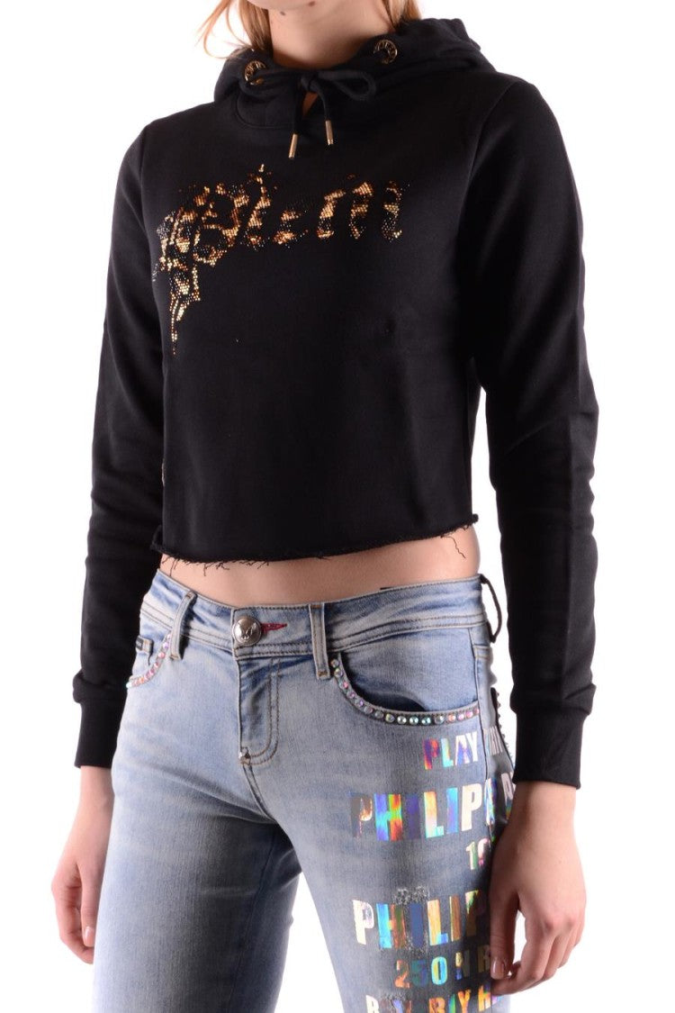 Philipp Plein Black Cropped Metallic Logo Cotton Sweatshirt