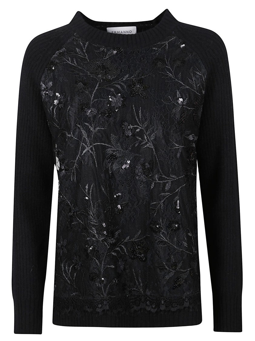 Ermanno Firenze Floral Pattern Sequin-Embellished Wool Sweater