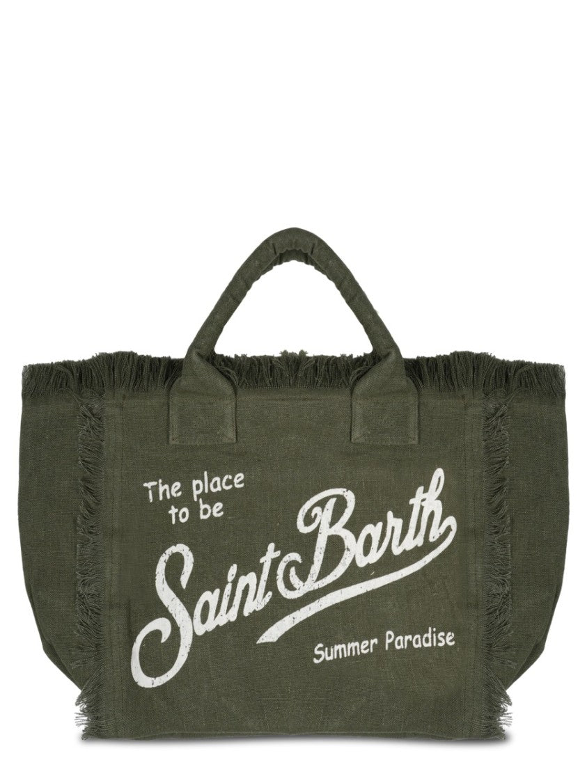 Mc2 Saint Barth Linen Tote Bag With Text Print And Fringed Edging