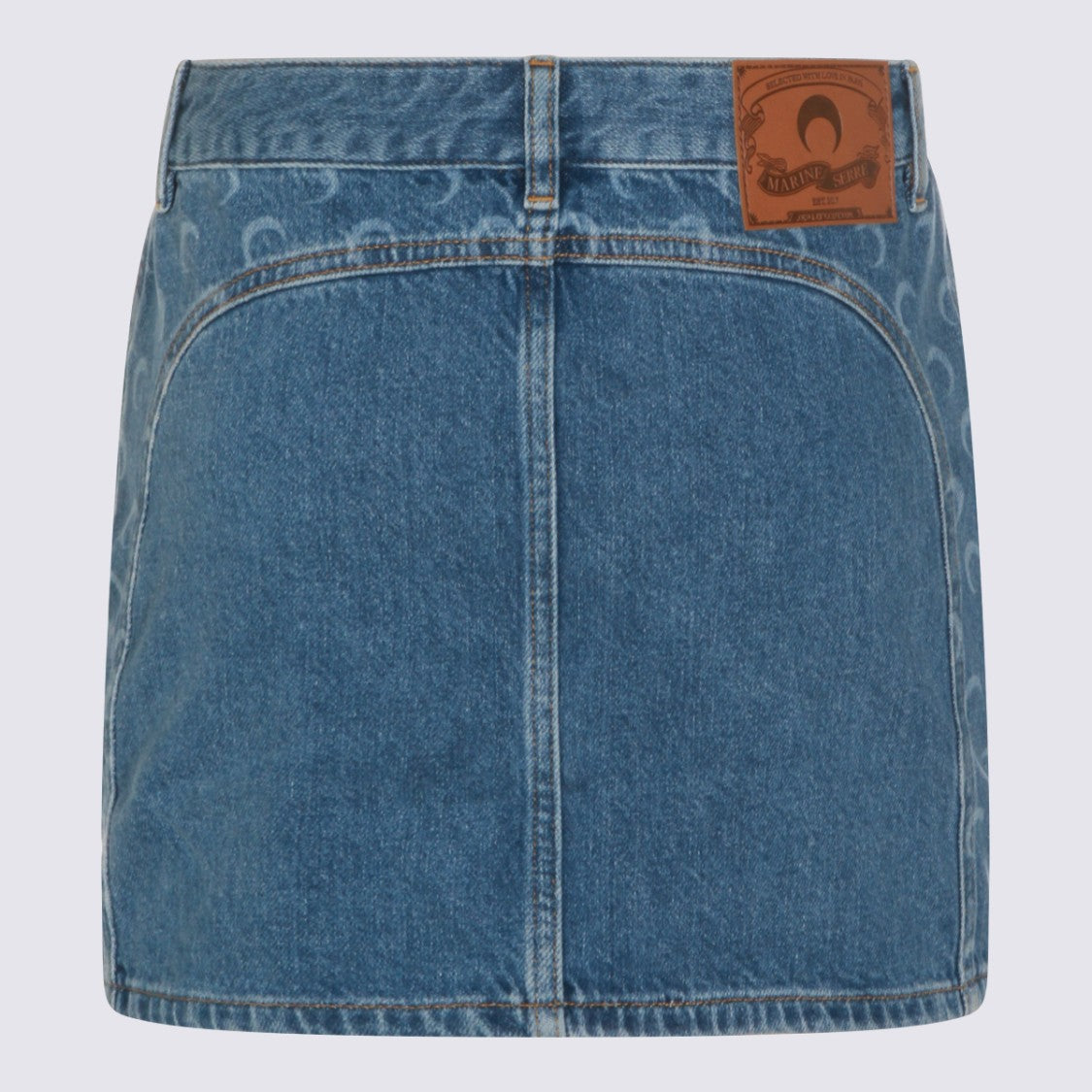 Marine Serre Denim Mini Skirt With Crescent Moon Patterns And Metallic Zippers