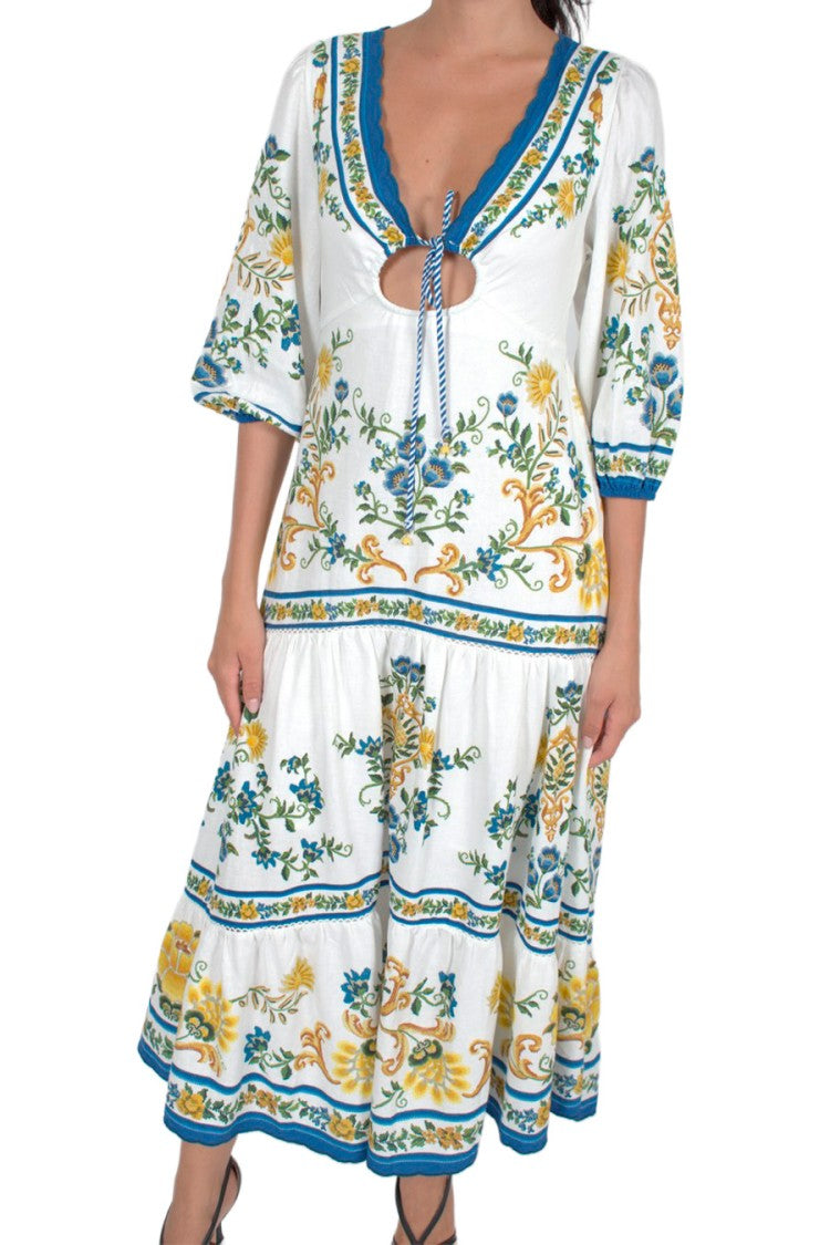 Farm Rio Multicolor Floral Tiered Linen-Blend Midi Dress