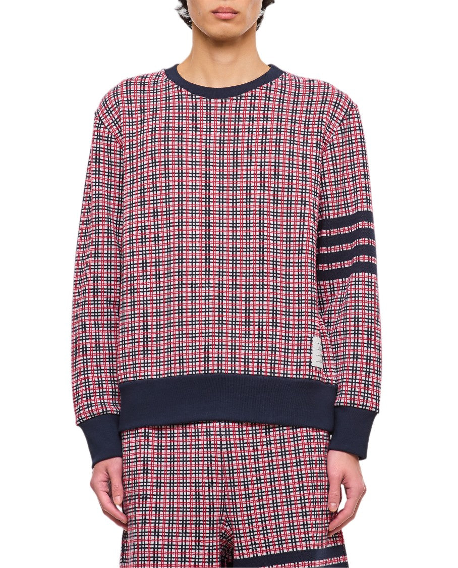 Thom Browne 4-Bar Cotton Crewneck Sweatshirt With Checkered Pattern