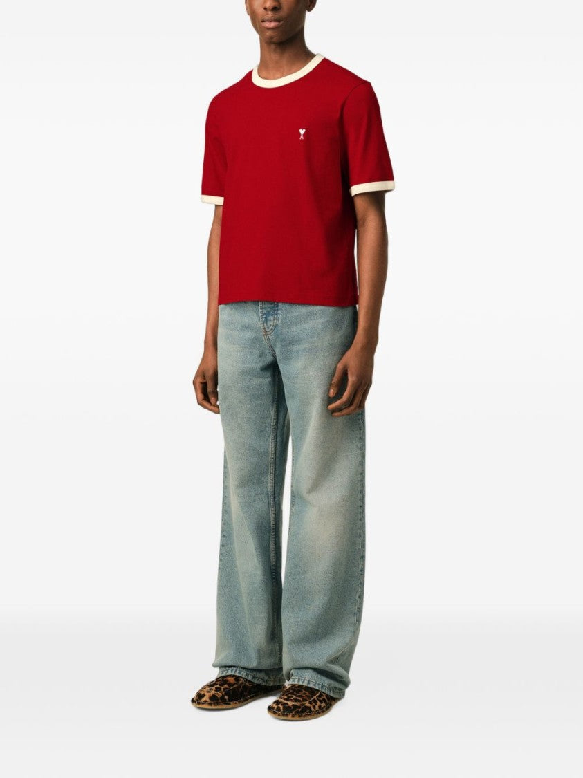 Ami Paris Cropped T-Shirt With Red Body And Off-White Ribbed Trims