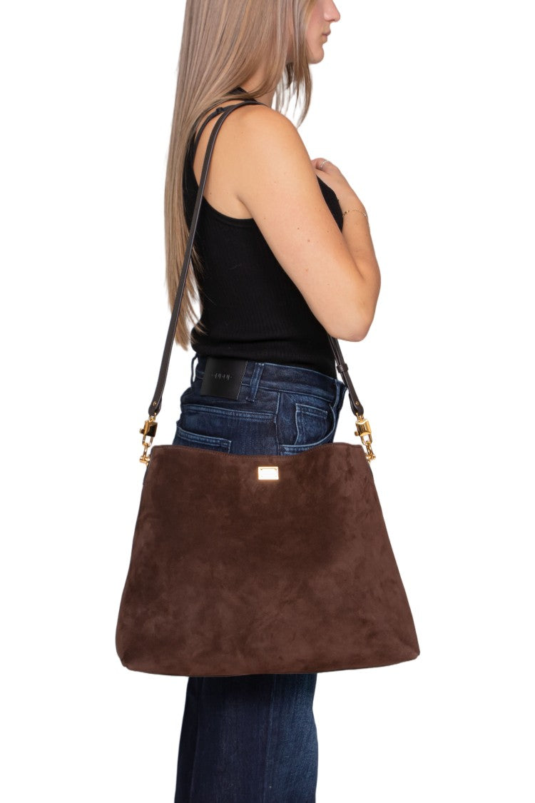 Dolce & Gabbana Trapezoidal Suede Shoulder Bag With Gold-Tone Accents