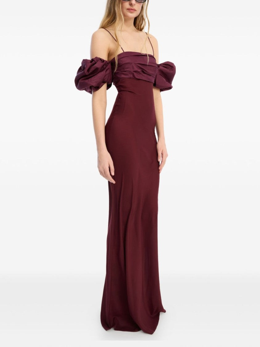 Rotate Burgundy Dress With Puffed Off-Shoulder Sleeves