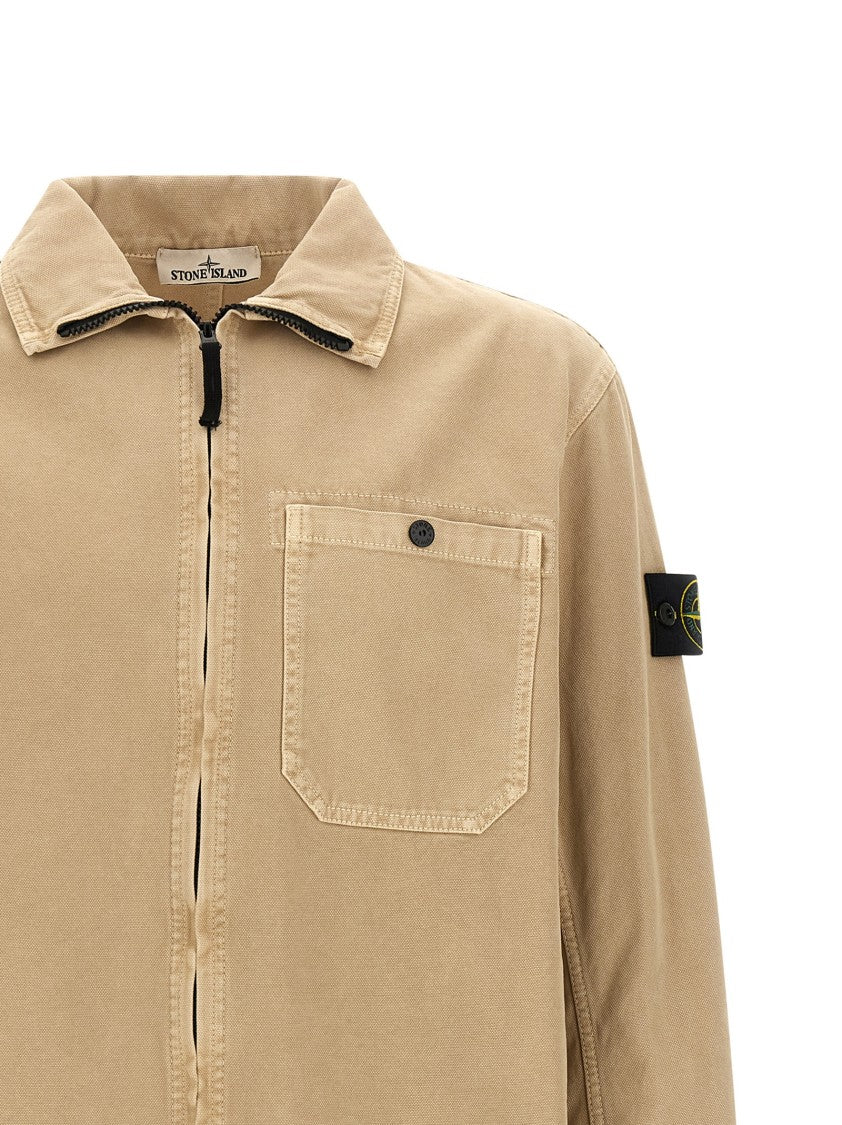 Stone Island Garment-Dyed Panama Cotton Overshirt With Fold-Up Turtleneck