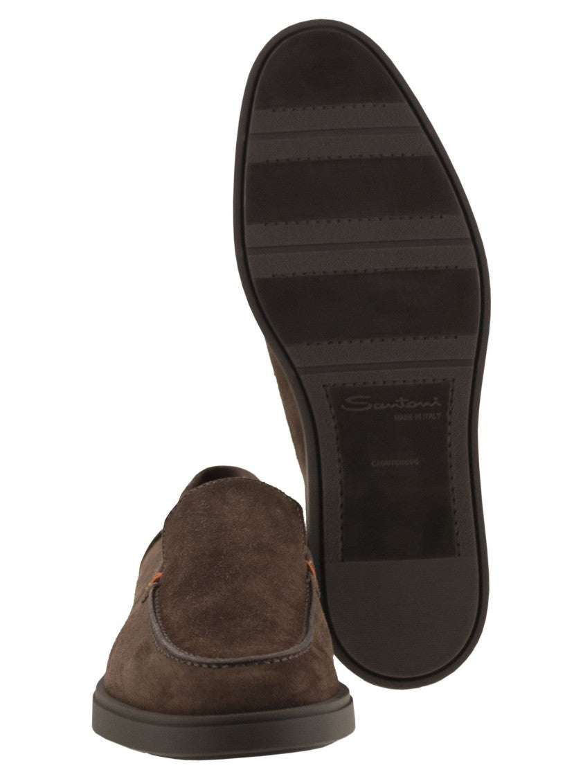 Santoni Brown Suede Loafers With Orange Thread Accents