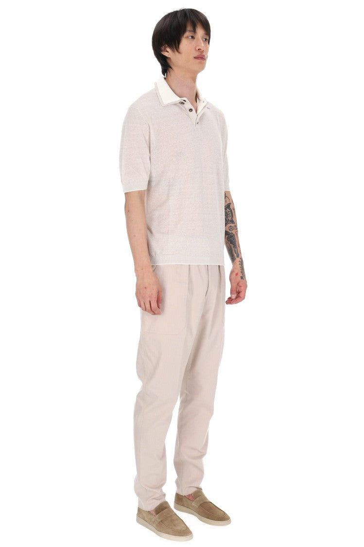 Eleventy Beige Linen-Cotton-Cashmere Double-Collar Polo Shirt