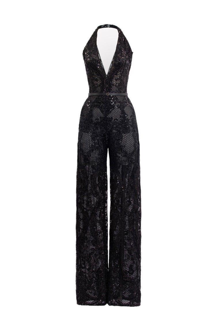 Saiid Kobeisy Intricate Embroidered Lace Jumpsuit With Flowing Cape