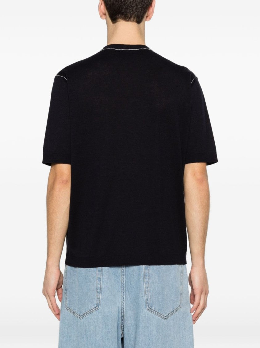 Gucci Dark Blue Silk-Linen Knit Intarsia T-Shirt
