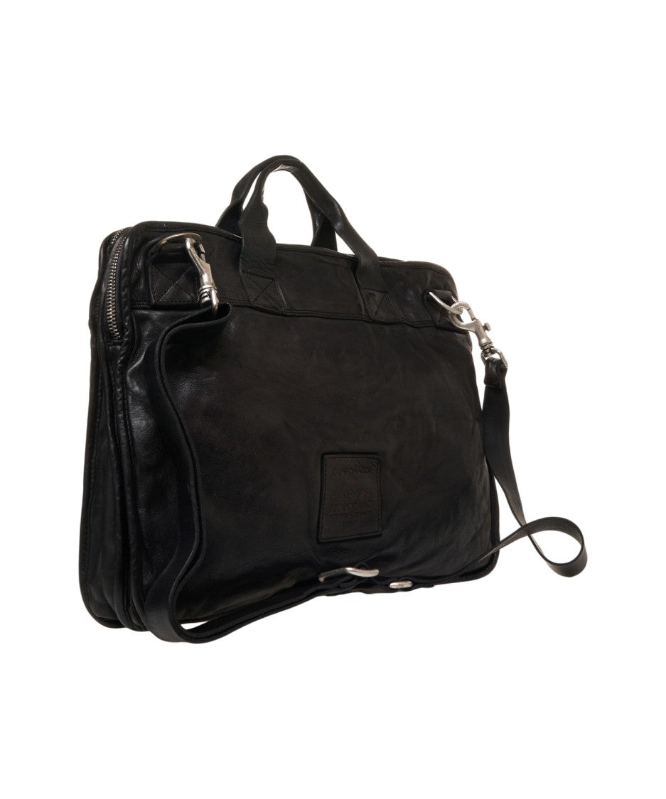 Campomaggi Rectangular Black Leather Work Bag With Multiple Pockets And Versatile Carrying Options
