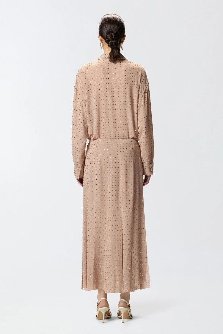 Pinko Beige Fringed Hem Allover Rhinestone Georgette Midi Skirt