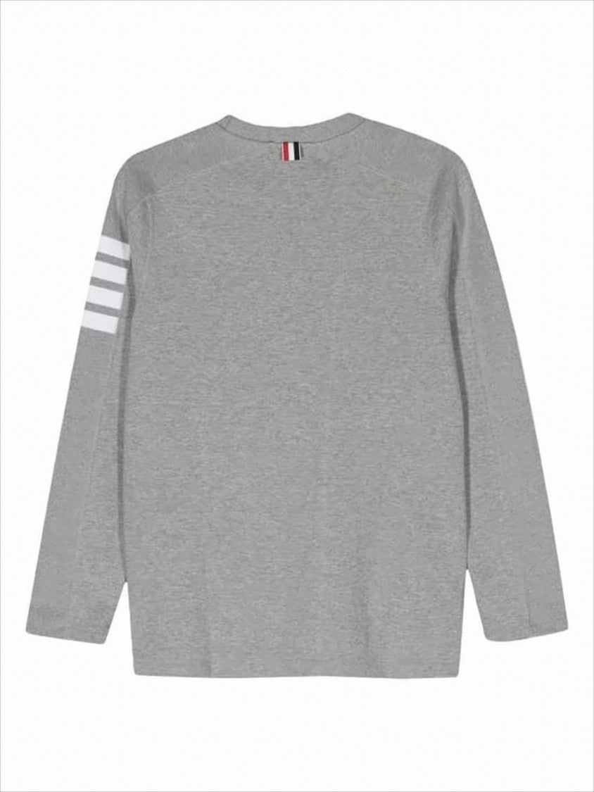 Thom Browne Heather Grey Long-Sleeve Crew Neck Shirt With Signature Stripes