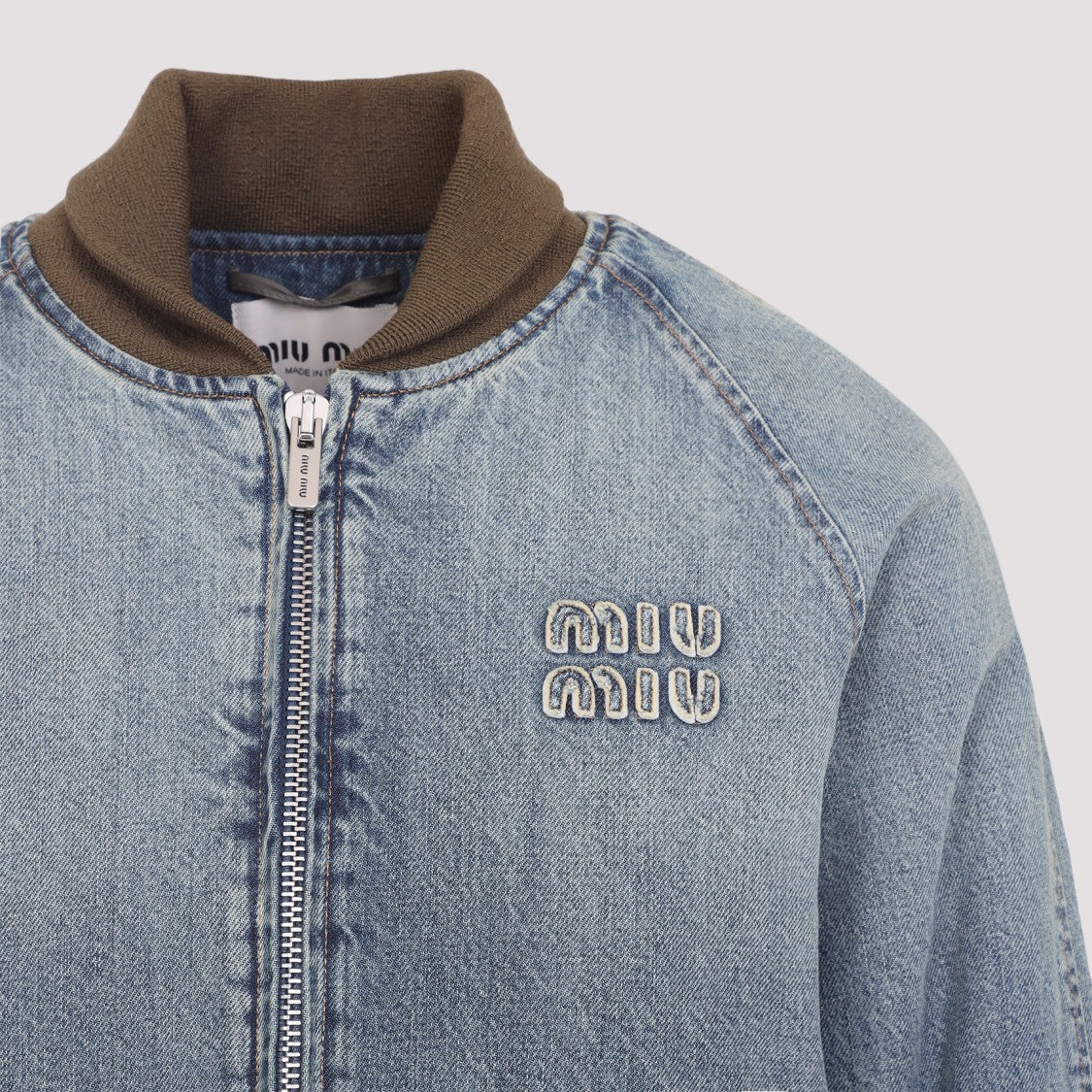 Miu Miu Faded Blue Denim Bomber Jacket With Knit Details