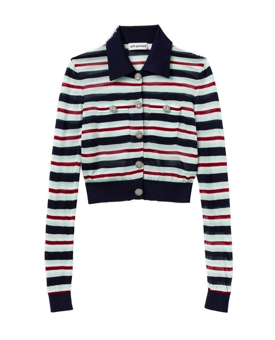 Self-Portrait Navy Striped Viscose Knit Top