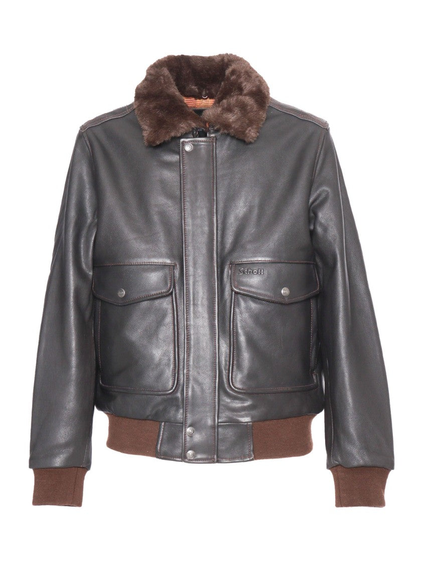 Schott Nyc Black Leather Fur-Collar Jacket
