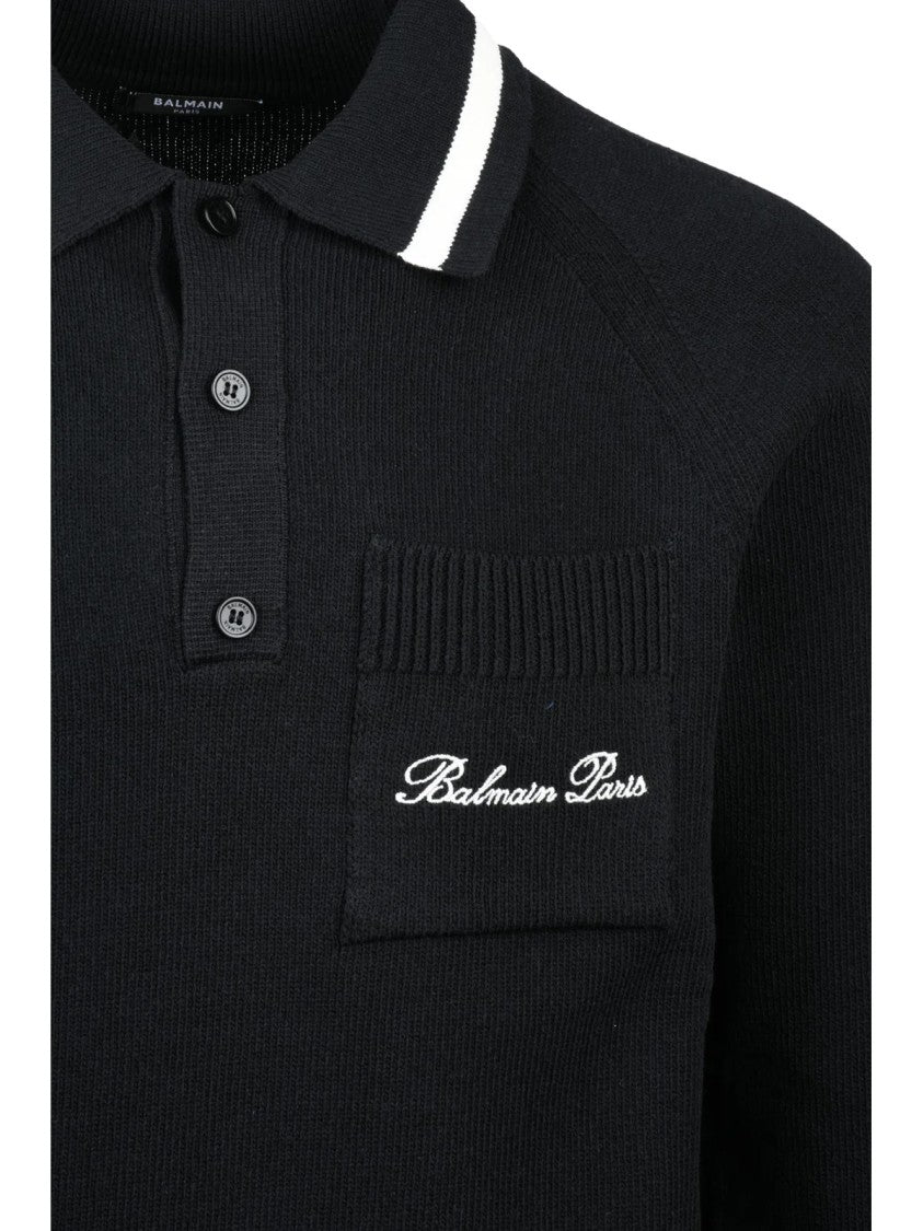 Balmain Black Cotton-Blend Knit Polo Shirt