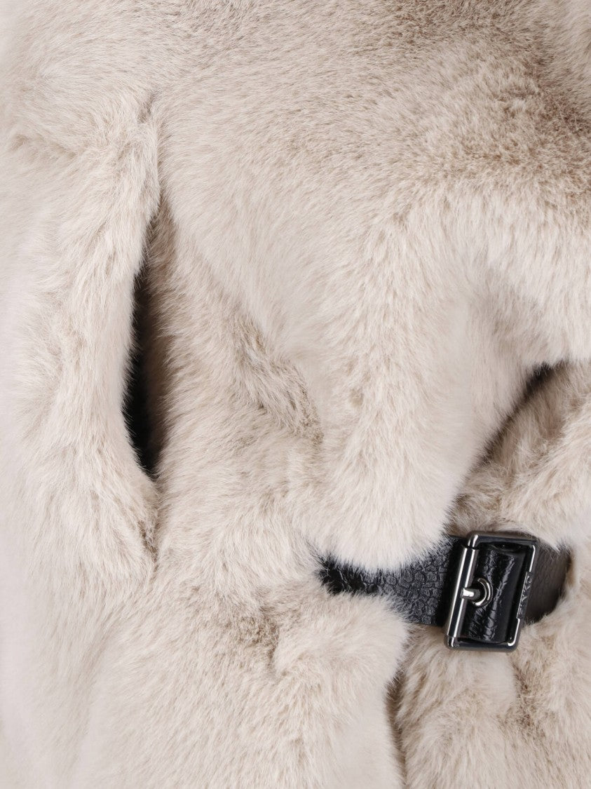 Pinko Beige Belted High Collar Faux Fur Jacket
