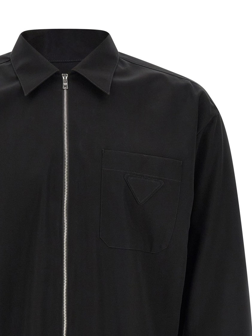 Prada Zip-Front Cotton Shirt With Triangle Logo Detail