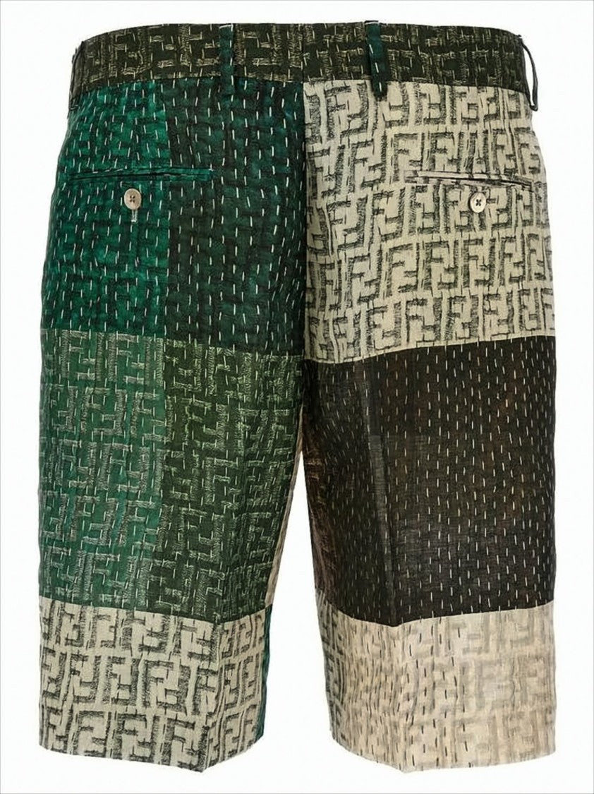 Fendi Patchwork Textured Linen Shorts With Buttoned Pockets