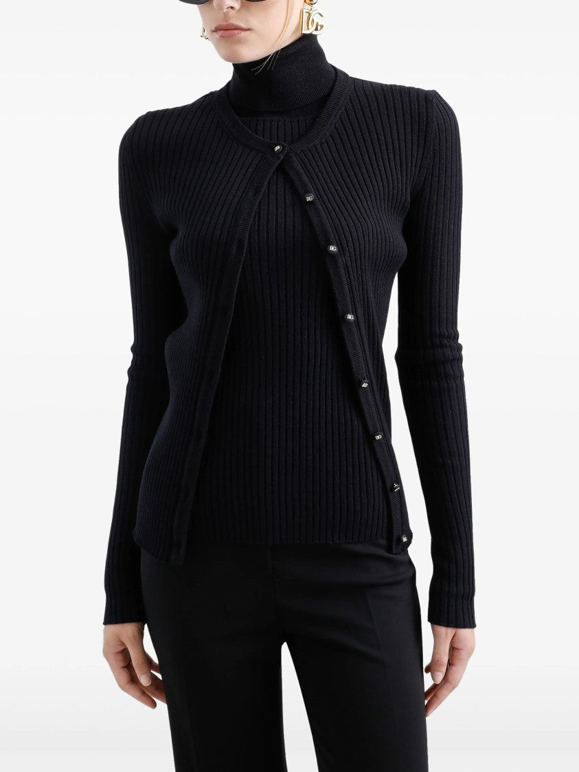 Dolce & Gabbana Black Finely Ribbed Wool Button Cardigan