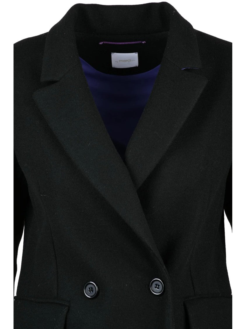 ..,Merci Black Polyester-Blend Double-Breasted Coat
