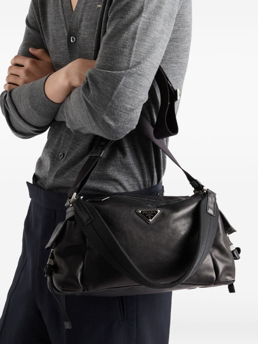 Prada Black Buffalo Leather Triangular Logo Shoulder Bag