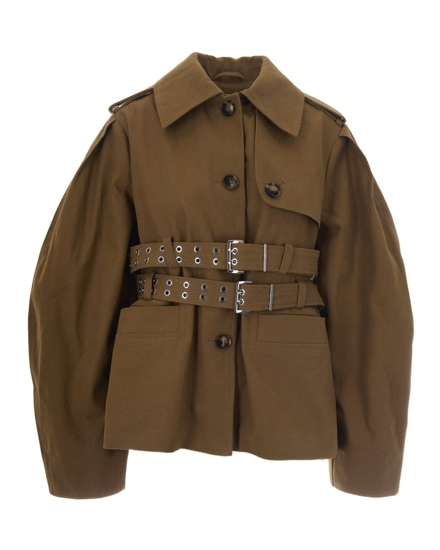 Ganni Peplum Canvas Jacket With Adjustable Belts And Puffed Sleeves