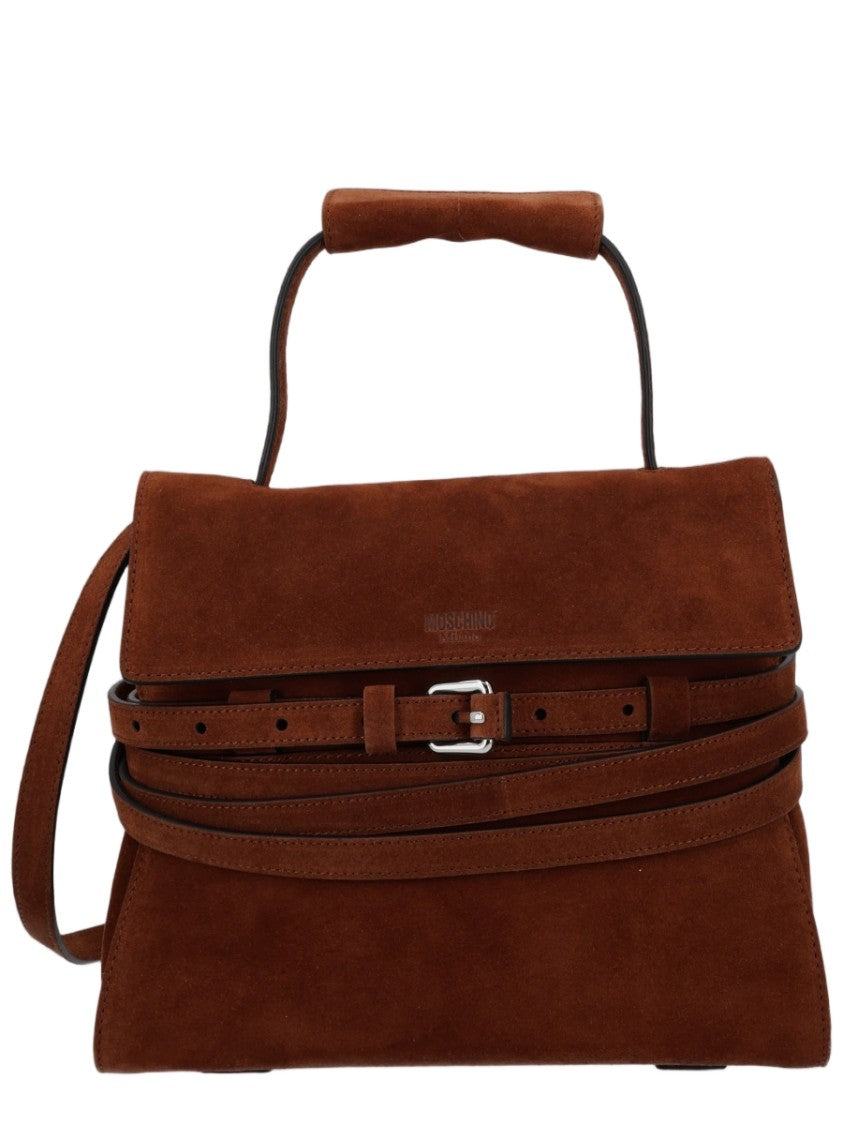 Moschino Brown Silver Accent Structured Suede Handbag