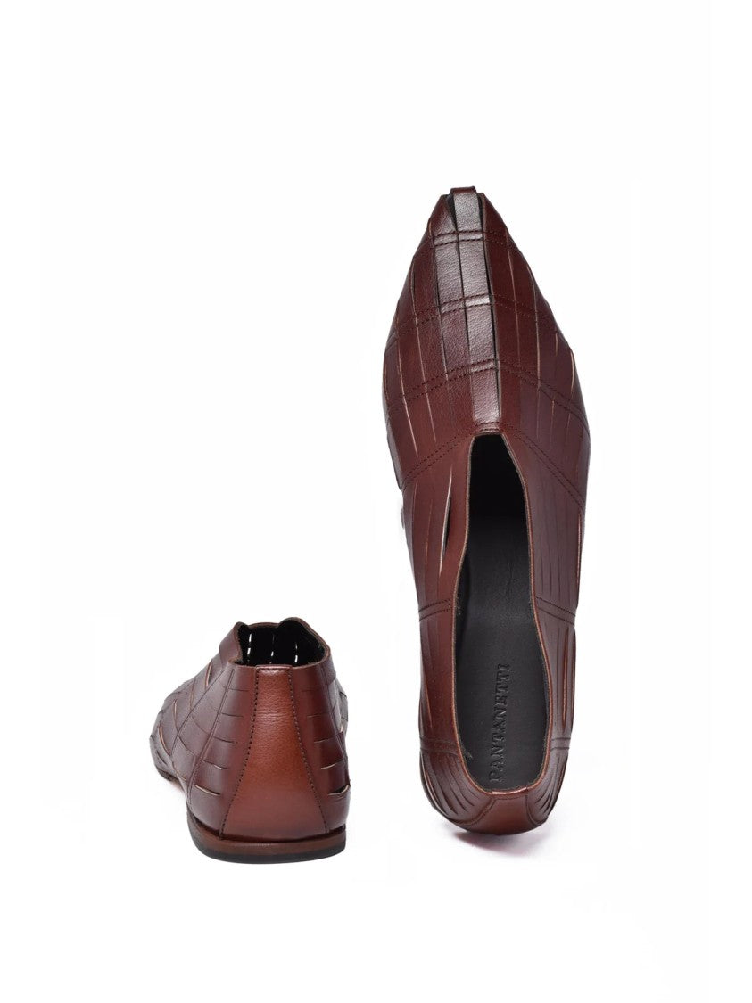 Pantanetti Brown Pointed-Toe Textured Leather Loafers
