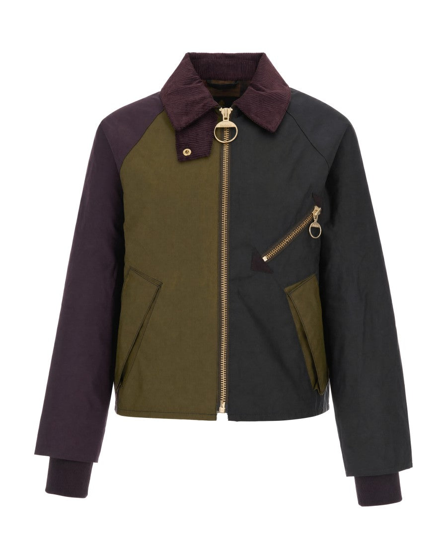 Barbour Short Color Block Jacket With Corduroy Collar And Zipper Details