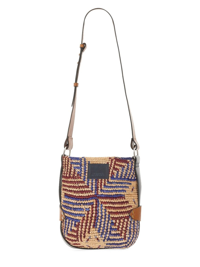 Isabel Marant Geometric Pattern Raffia Shoulder Bag With Leather Accents