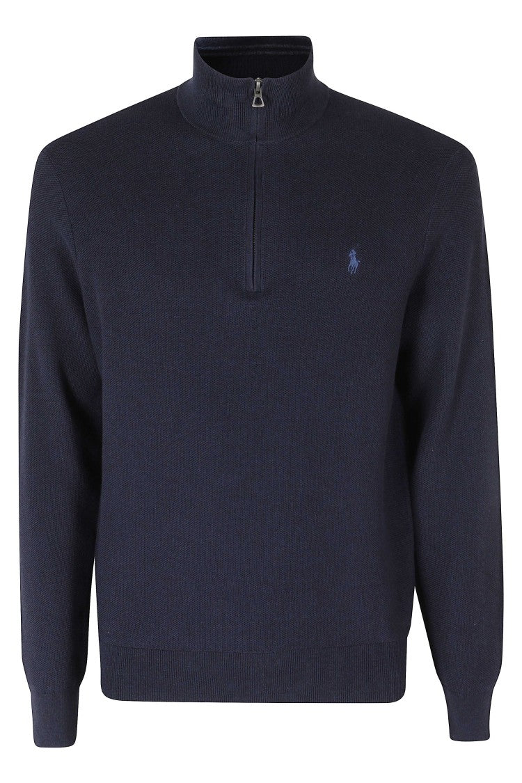 Polo Ralph Lauren Blue Half Zip High Neck Ribbed Trim Cotton Sweater