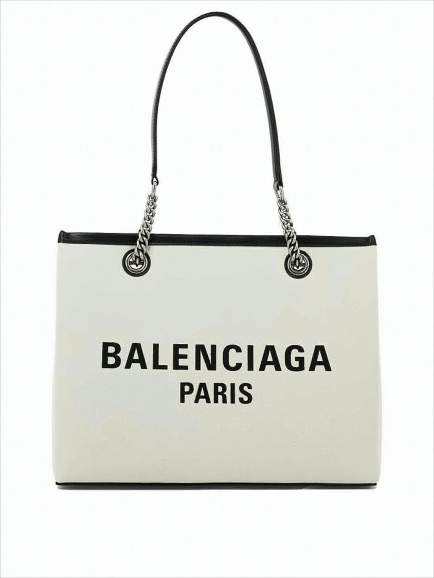 Balenciaga Canvas Tote Bag With Black Leather Trim And Chain Details