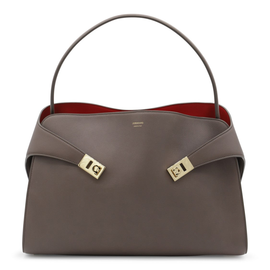 Ferragamo Brown Calf Leather Hug M Top Handle Bag With Gold Accents