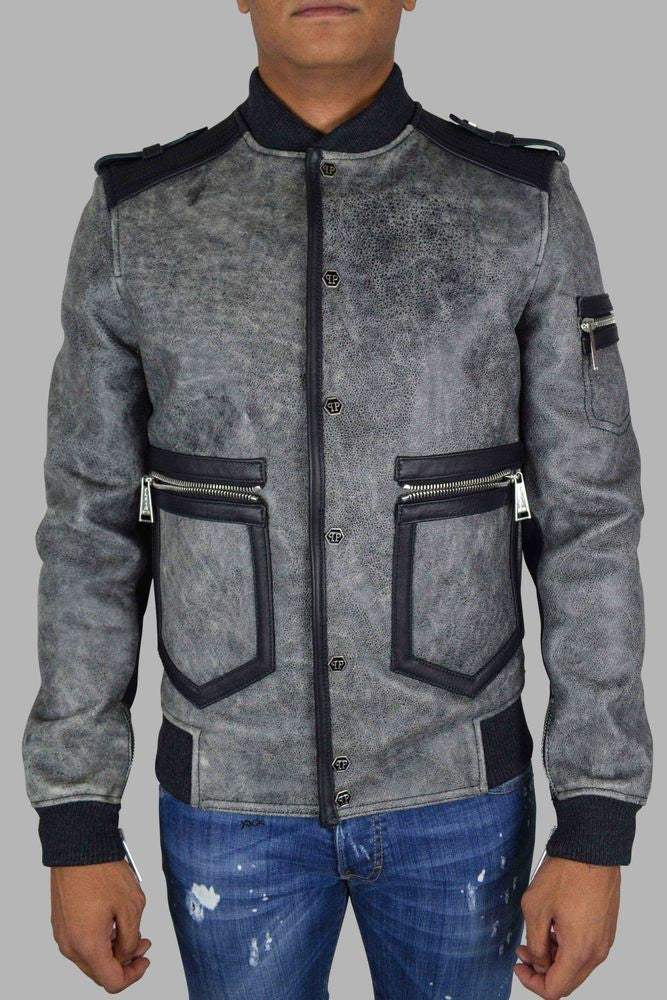 Philipp Plein Aged Gray Leather Jacket