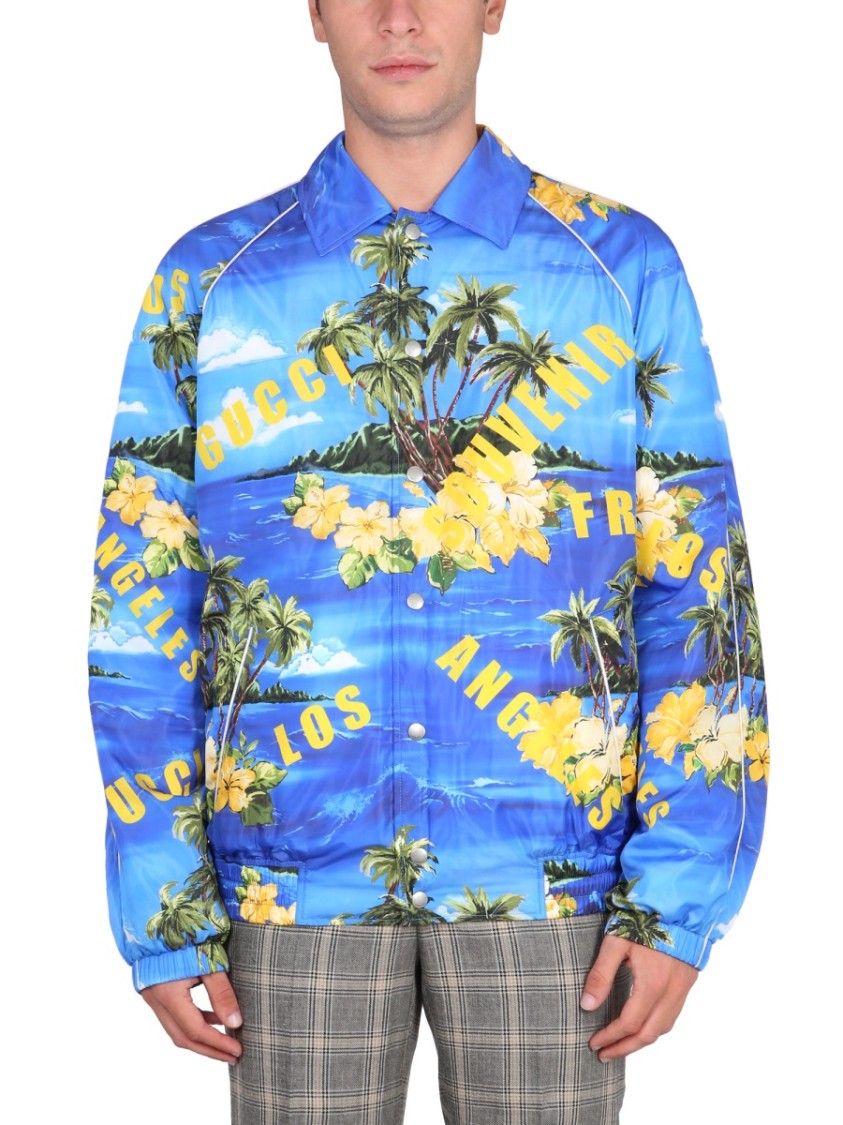 Gucci Nylon Jacket With Tropical Print And Yellow Accents