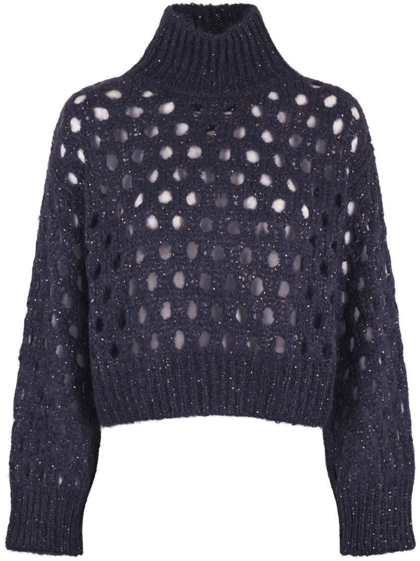 Brunello Cucinelli Open-Knit Turtleneck Sweater With Cropped Silhouette