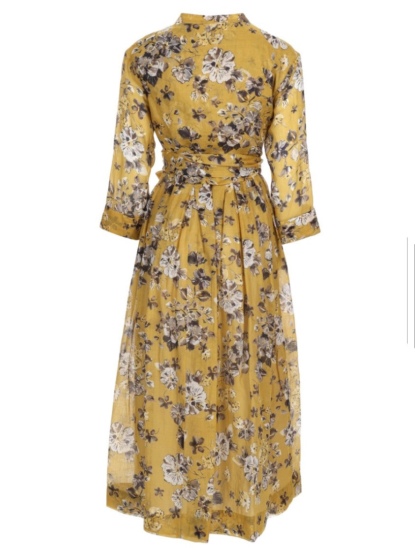 Max Mara Floral Midi Dress With Fitted Waist And Bow Belt