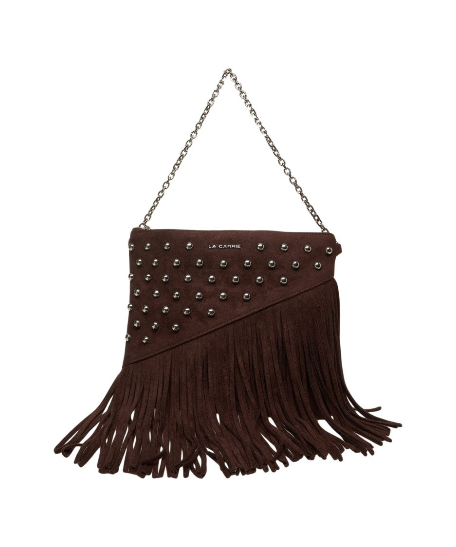 La Carrie Rectangular Brown Suede-Like Shoulder Bag With Fringe Detail