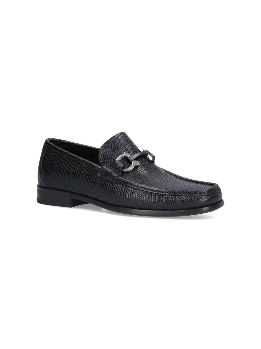 Ferragamo Textured Black Leather Loafers With Metallic Bit Detail