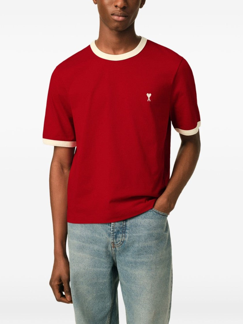 Ami Paris Cropped T-Shirt With Red Body And Off-White Ribbed Trims