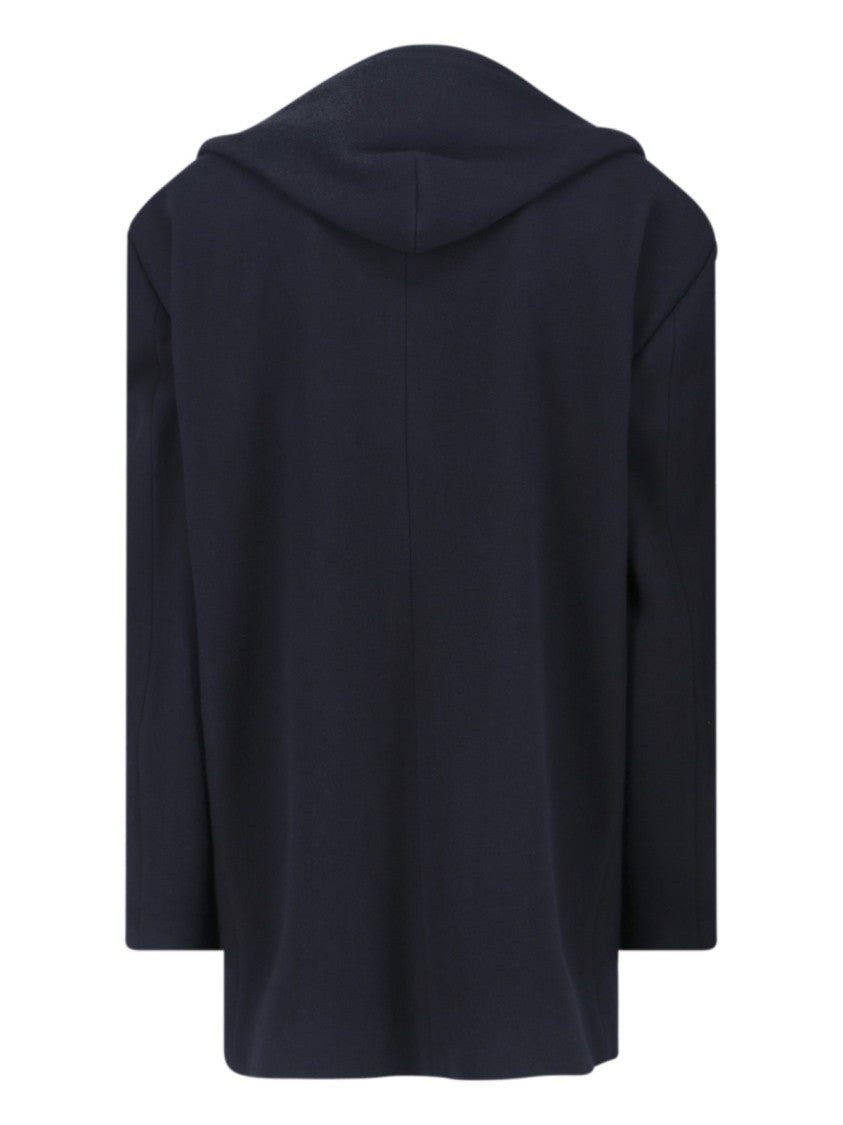 Balenciaga Navy Blue Hooded Wool Coat With Oversized Lapels